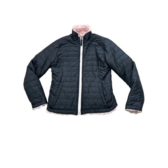 Me Jane Girls’ Reversible Jacket Black Puffer Pink Faux Fur 12 Zip Band Collar - Picture 3 of 13